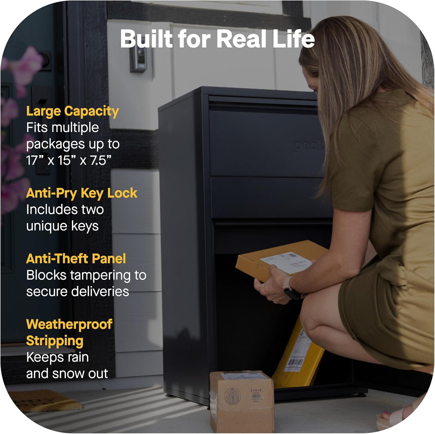 Adoorn Package Delivery Boxes for Outside - Large Anti-Theft Secure Package Box - Free Standing Parcel Drop Box - Weatherproof Construction - Durable Steel - 36' H x 20.5' W x 15' D - Black