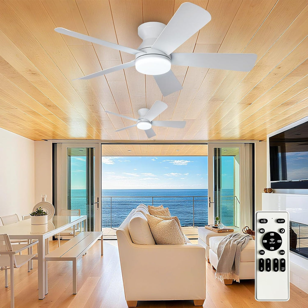 Depuley 42-Inch Ceiling Fans with Lights: Indoor/Outdoor Flush Mount Ceiling Fan with Remote Control - White 5 Blade Low Profile Fandelier for Kitchen Gazebo - Reversible Quiet Timer - 2 Packs