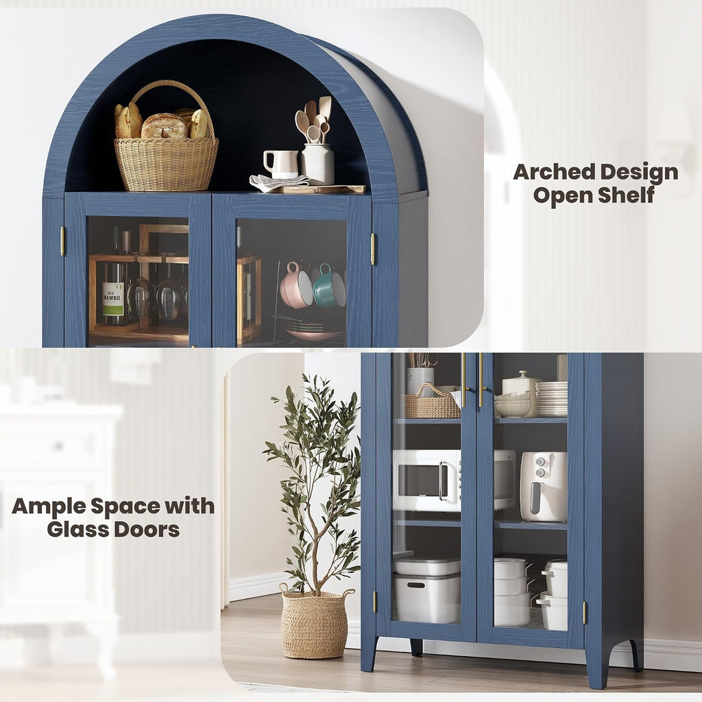 IDEALHOUSE Arched Kitchen Pantry Storage Cabinet - Farmhouse 5-Tier Display Shelf with 2 Large Glass Doors and Adjustable Shelf, Versatile Cupboard for Kitchen, Dining Room, Living Room, Night Blue