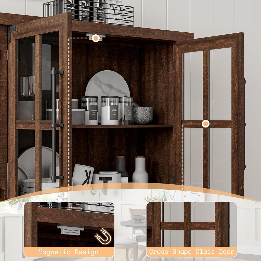 AMERLIFE Farmhouse 63' Buffet Sideboard Cabinet with Glass Door, Large Storage Cabinet with Adjustable Shelf, Wooden Coffee Bar Station for Kitchen, Dinning Room, Brown