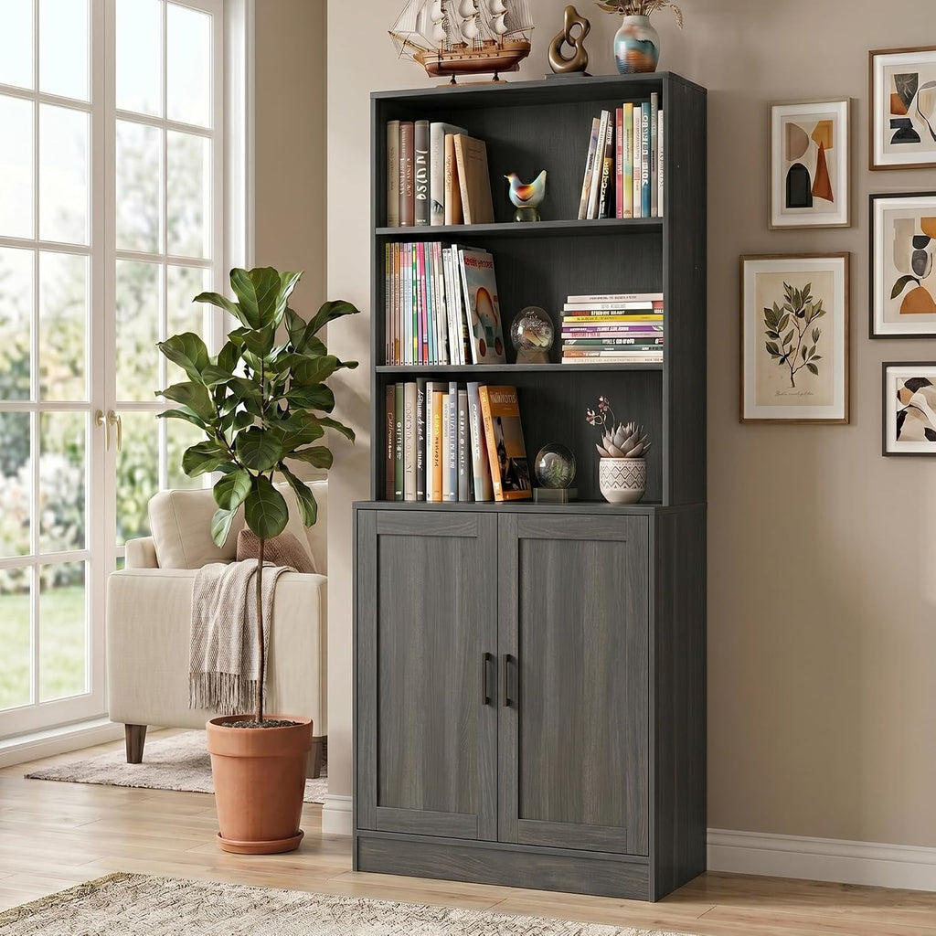 holzart 75' Tall Bookcase with Doors, 5 Tier Large Bookshelf with Cabinet, Standing Wood Display Book Shelf for Living Room, Office, Library with Doors, Dark Grey