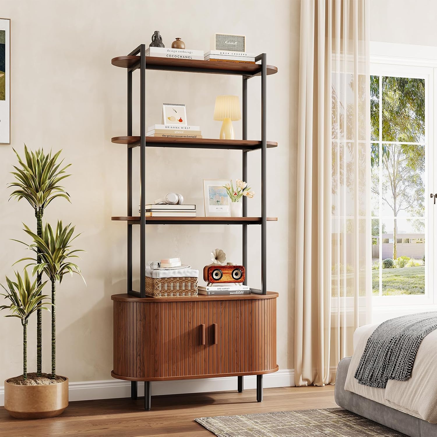 5 Tier Tall Bookshelf with Cabinet, Fluted Bookcase with Sliding Door, Metal and Wood Display Shelf, Free Standing Storage Shelving Unit, Corner Storage Organizer for Living Room, Home Office, Walnut