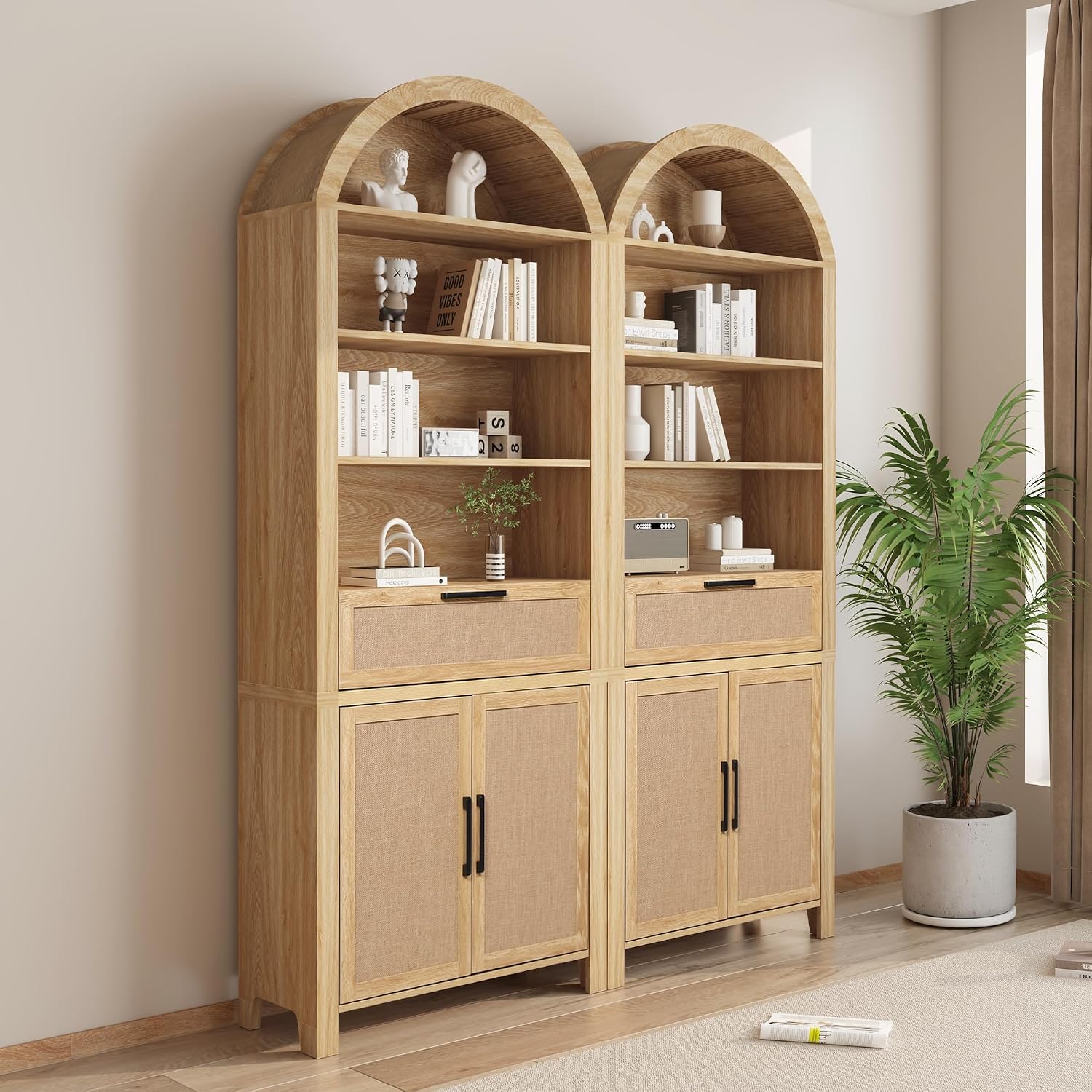 Janmer Home 79' Tall Arched Bookcase with Storage, Mid Century Modern 6-Tier Cabinet with Door, Arched Bookshelf with Open Display Shelf for Office Living Room (Natural, 79inch-Doors)