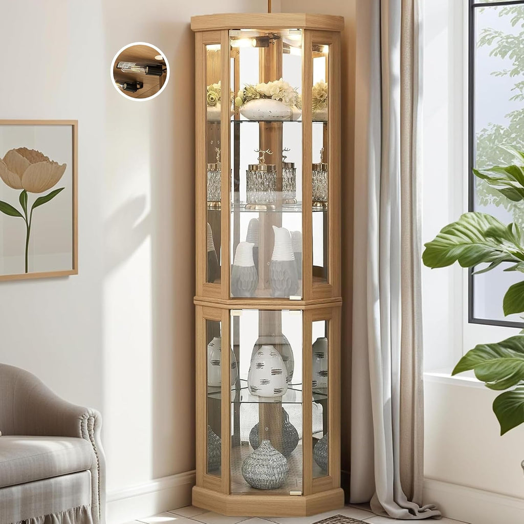 Corner Curio Cabinet, 70' H Lighted Glass Display Cage with Tempered Glass Doors and Adjustable Shelves, Bulb Inclued, Wine Bar China Cabinet for Living Room Liquor Storage (Light Oak)