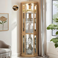 Corner Curio Cabinet, 70' H Lighted Glass Display Cage with Tempered Glass Doors and Adjustable Shelves, Bulb Inclued, Wine Bar China Cabinet for Living Room Liquor Storage (Light Oak)