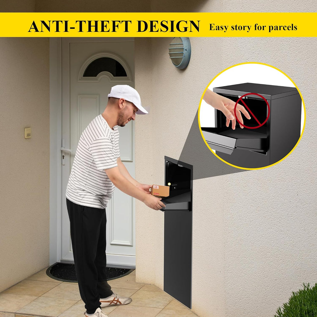 Merapi Package Delivery Box for Outside, 43.3' x 18.3' x 14.0' Cold-Rolled Steel Delivery Box for Packages, Anti-Theft Lockable Parcel Drop Boxes for Porch, House, Curbside, Black