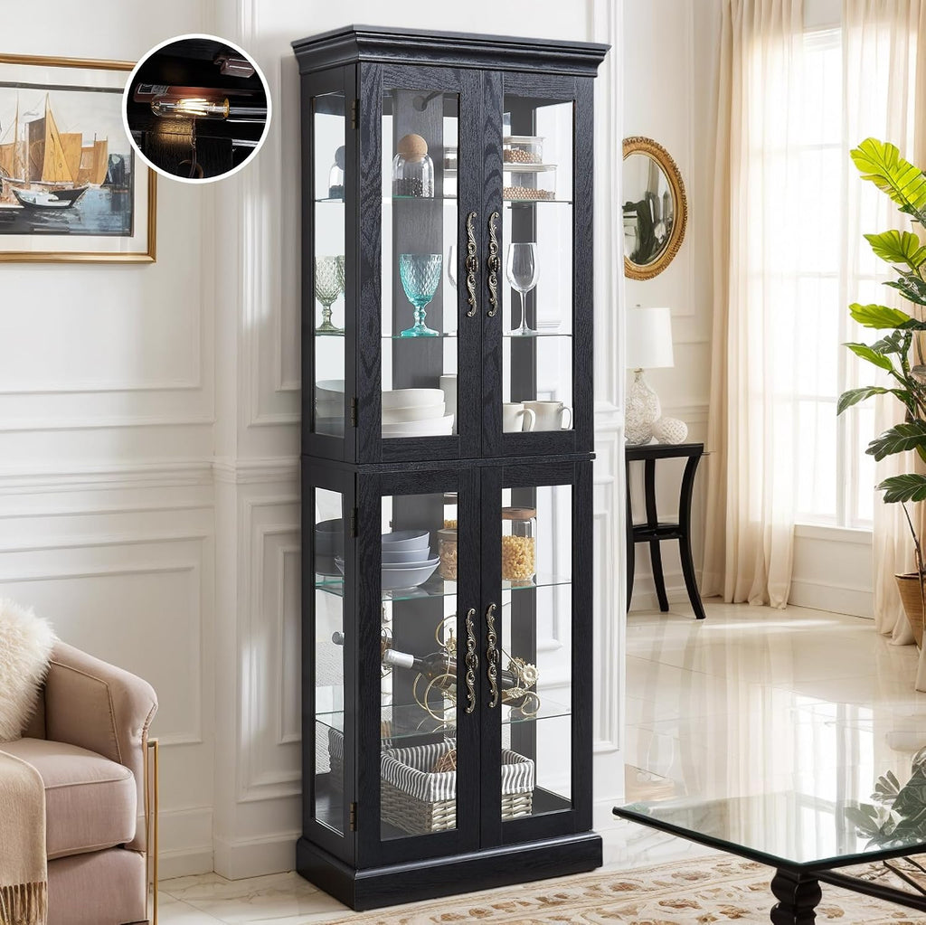 Lighted Curio Cabinet 71' Vintage Glass Display Case with Adjustable Shelves, 4 Tempered Glass Doors, Bulb Included, Wooden Square Wine Bar China Cabinet for Living Room Liquor Storage (Black)