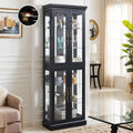 Lighted Curio Cabinet 71' Vintage Glass Display Case with Adjustable Shelves, 4 Tempered Glass Doors, Bulb Included, Wooden Square Wine Bar China Cabinet for Living Room Liquor Storage (Black)