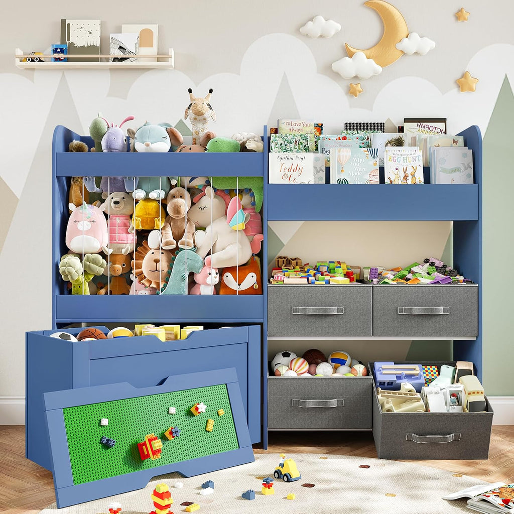 51.1' W Toy Storage Organizer with Stuffed Animal Storage, Kids Bookshelf with 4 Removable Bins, Movable Toy Box with Buildable Baseplate Lid Compatible with Lego Bricks, Ideal for Kids Room Playroom