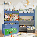 51.1' W Toy Storage Organizer with Stuffed Animal Storage, Kids Bookshelf with 4 Removable Bins, Movable Toy Box with Buildable Baseplate Lid Compatible with Lego Bricks, Ideal for Kids Room Playroom