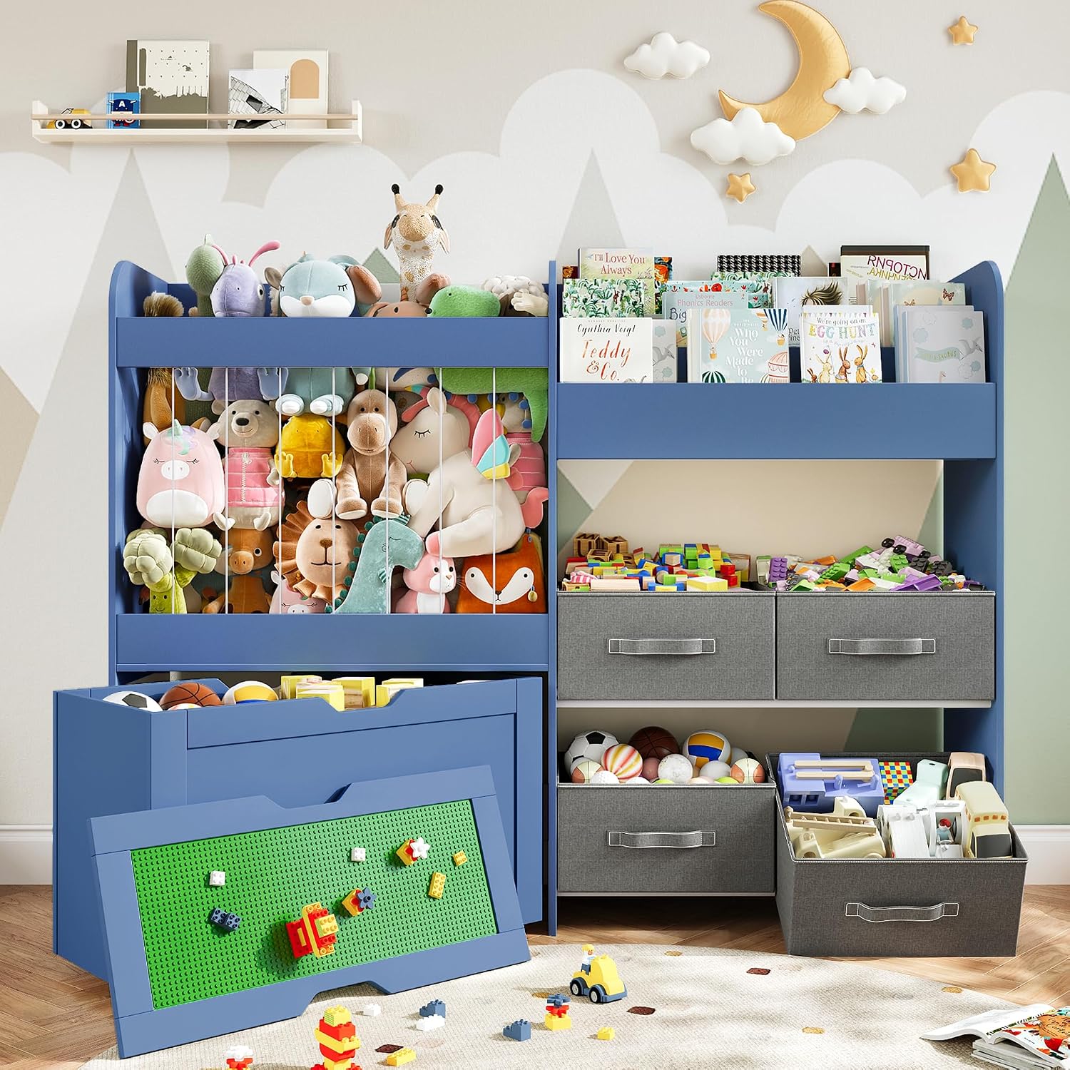 51.1' W Toy Storage Organizer with Stuffed Animal Storage, Kids Bookshelf with 4 Removable Bins, Movable Toy Box with Buildable Baseplate Lid Compatible with Lego Bricks, Ideal for Kids Room Playroom