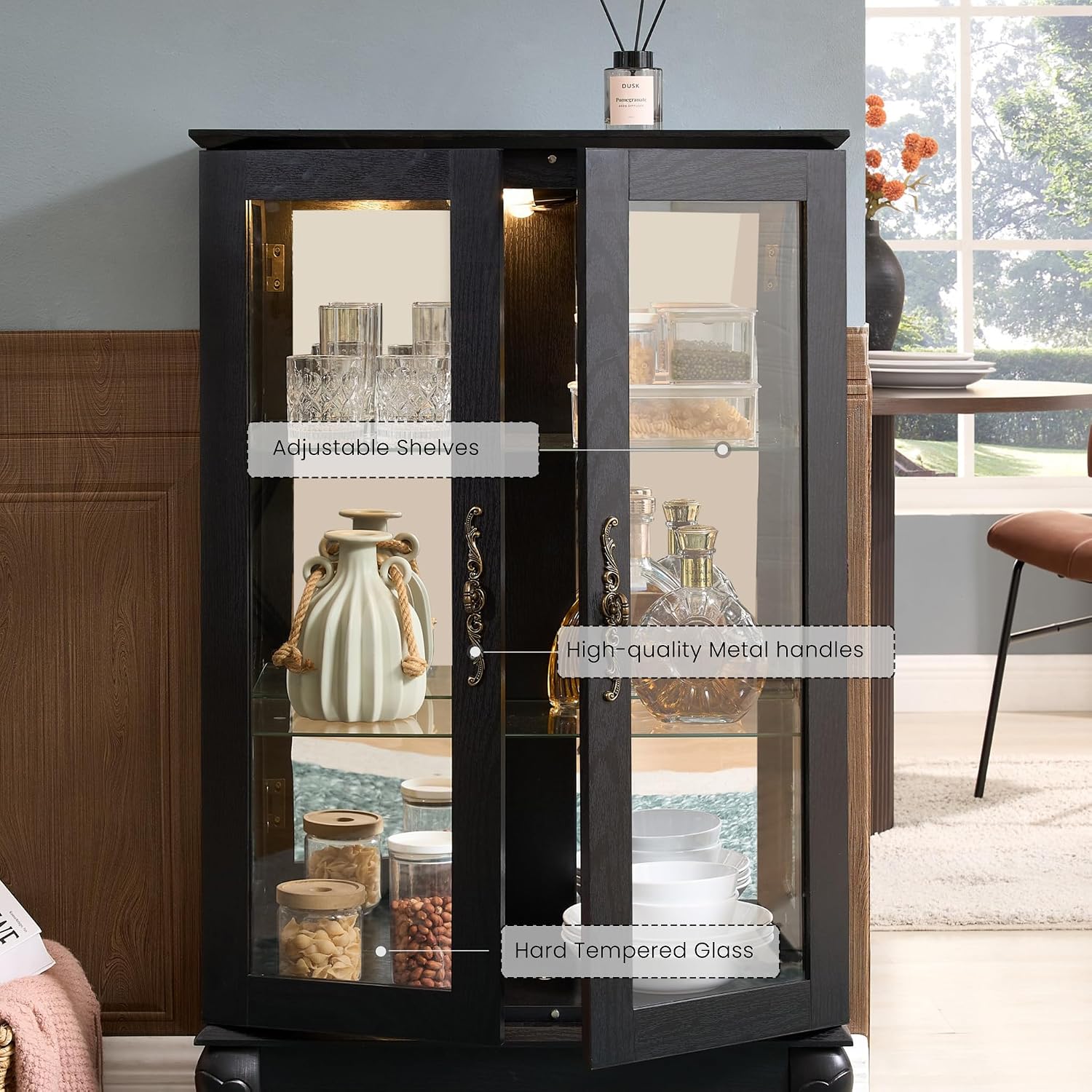 44' Small Lighted Glass Accent Curio Cabinet, Vintage China Cage with 2 Tempered Glass Doors & Adjustable Shelves, Acrylic Mirrored Pane, Elegant Wine Artwork Showcase for Living Room/Kitchen (Black)
