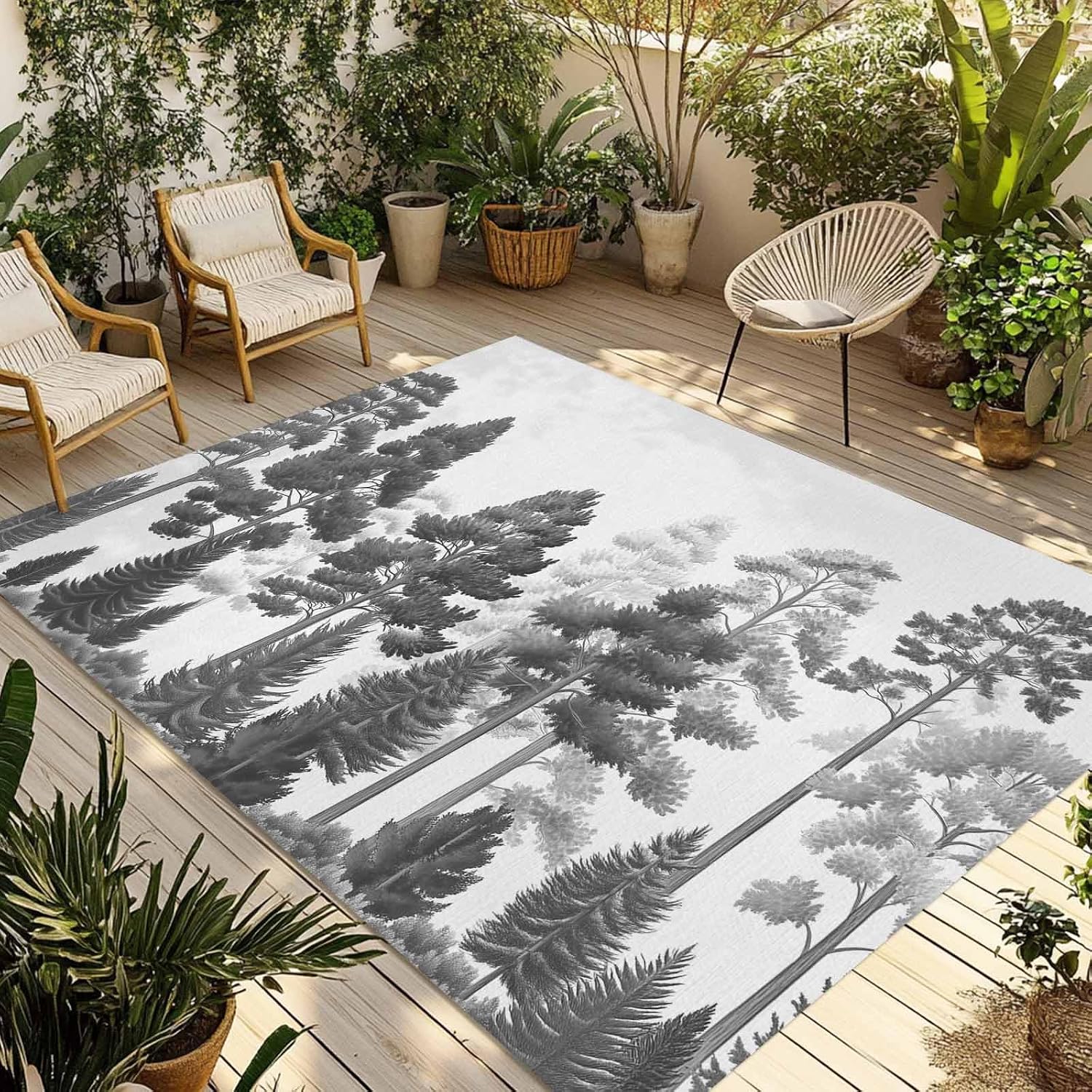 Outdoor Rug 4x6ft Black Gray Pine Tree Forest Maple Patio Area Rugs Waterproof Easy Cleaning Non Shedding Thick Mats Botanical Carpet for Indoor Outdoor Porch Deck Backyard Balcony
