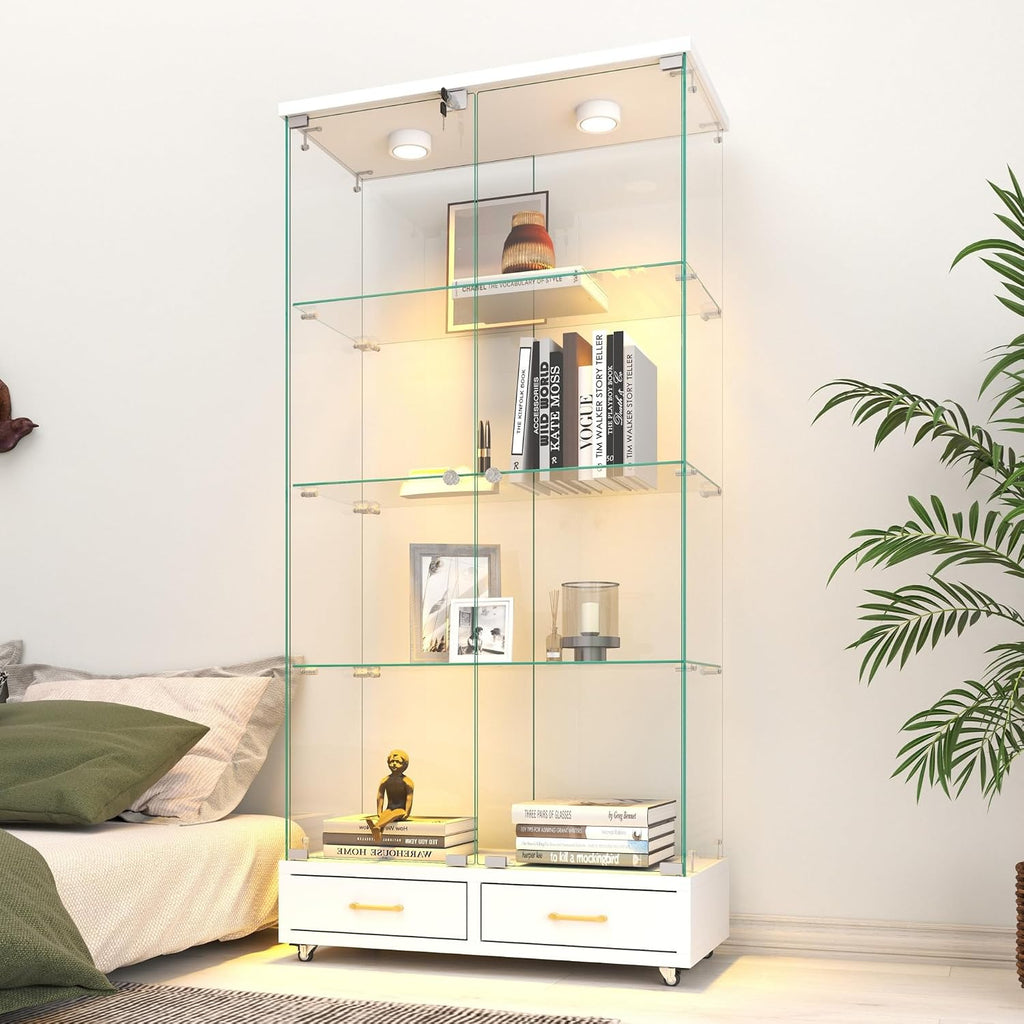 Modern Glass Display Cabinet with LED Light 4-Shelf Curio Cabinets with Storage Drawer and Wheels,Tempered Glass Display Shelf Bookcase for Living Room Home Office