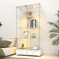 Modern Glass Display Cabinet with LED Light 4-Shelf Curio Cabinets with Storage Drawer and Wheels,Tempered Glass Display Shelf Bookcase for Living Room Home Office