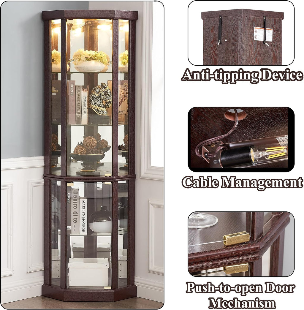 69' H Lighted Curio Cabinet Corner Display Case,Corner Glass Cabinets with Tempered Glass Door and Adjustable Shelves,Wooden Curio Cabinet with Mirrored Back Pane (Style 1 - Dark Cherry)