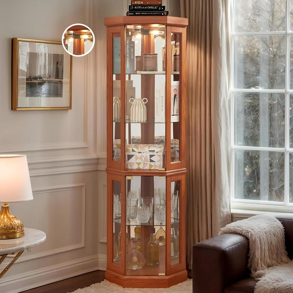 70' Lighted Corner Curio Cabinet, Wood China Display Case with Tempered Glass Doors & Adjustable Shelves, Light Bulb Included, Tall Wine Storage Rack for Bar and Liquor Storage (Dark Oak)