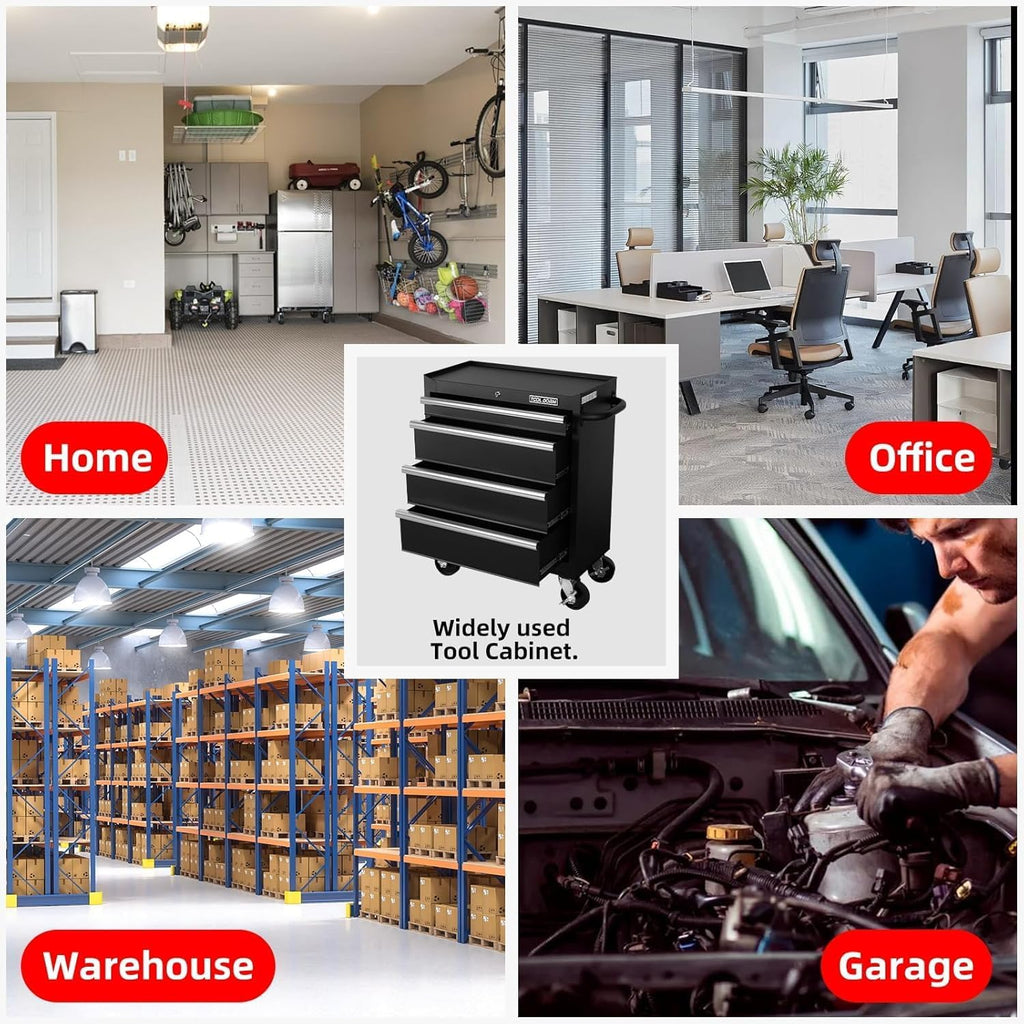 Tool Storage Cabinet/Cart, Metal Tool Cabinet, Rolling Wheel, Ball Bearing Sliders, Black Powder Coating, Suitable for Garage, Warehouse, Workshop (27 x 13 x 34 inches)