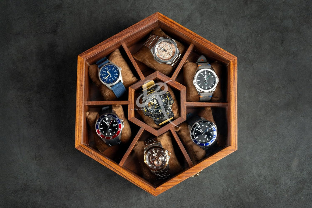 Premium 7-Slot Wooden Timepiece Display Case – Handcrafted Honeycomb Watch Box for Men in Superior Indian Rosewood | Hinged Glass Cover – Father's Day Gift – Luxury Built to Last