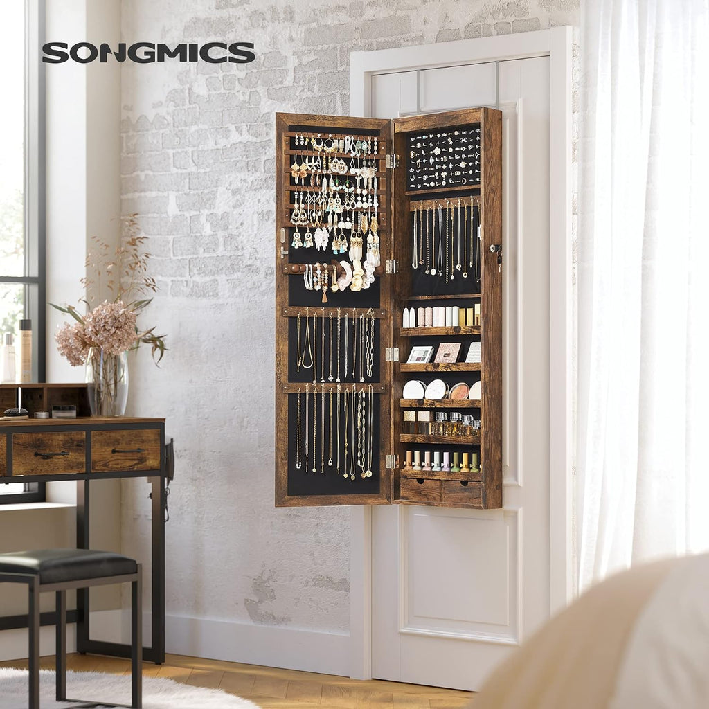 SONGMICS 6 LEDs Mirror Jewelry Cabinet, 47.2-Inch Tall Lockable Wall or Door Mounted Jewelry Armoire Organizer with Mirror, 2 Drawers, 3.9 x 14.6 x 47.2 Inches, Rustic Brown UJJC93CB