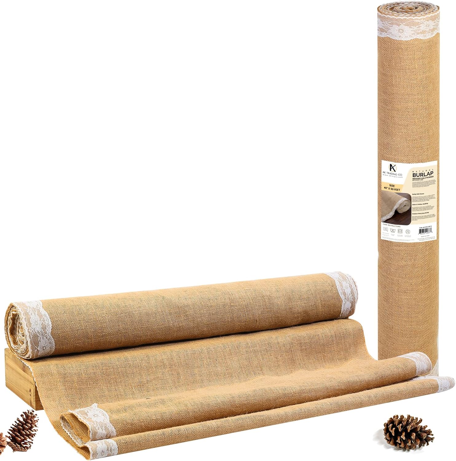 AK TRADING CO. 40' Wide Natural Burlap Wedding Aisle Runner with Ivory Lace - 40' Wide x 50 feet Long