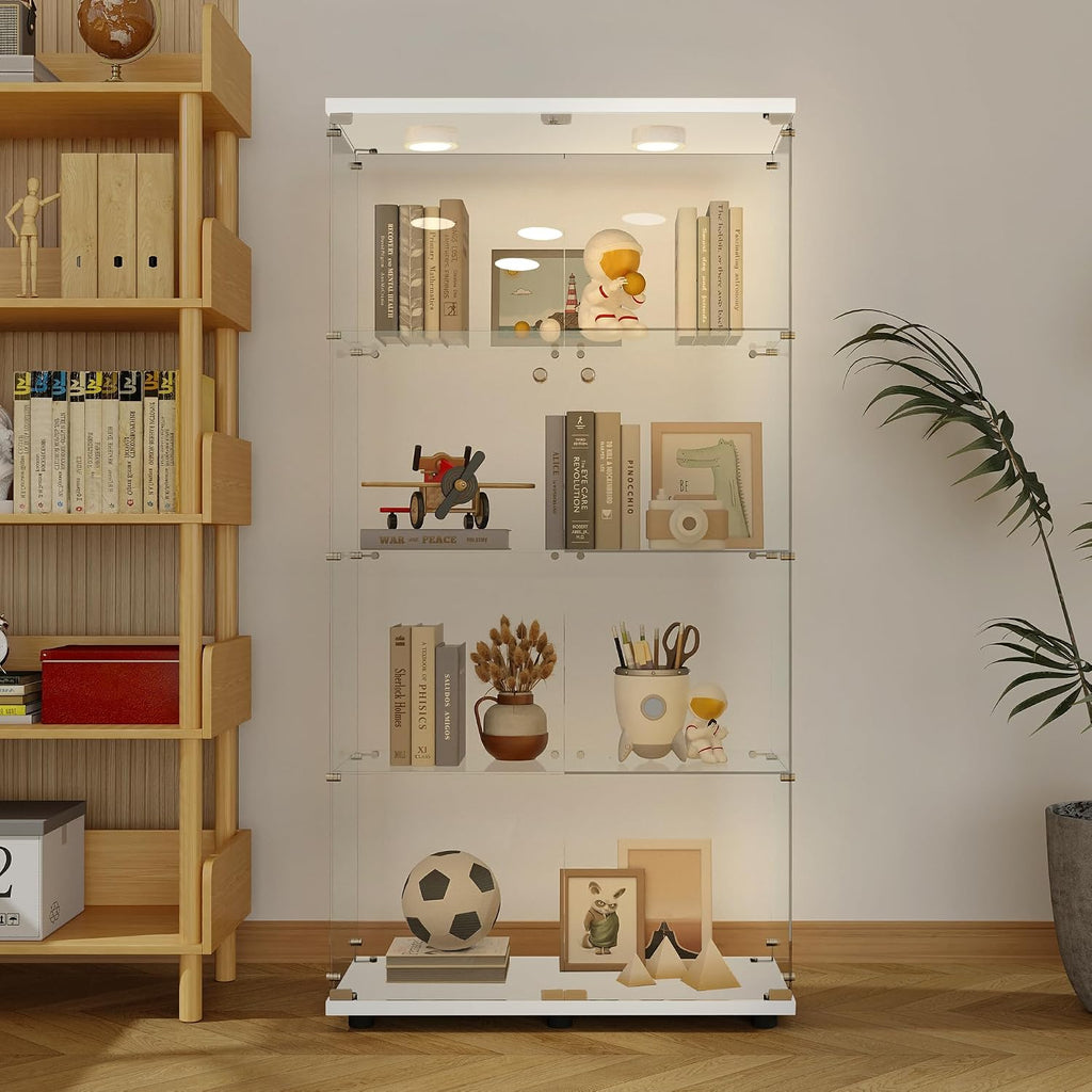 64.69' Tall Tempered Glass Display Cabinet with LED Lights, Curio Cabinet with 4 Shelves with 2 Door, Quick-Install Style Floor Standing Bookshelf File Cabinet for Living Room Office