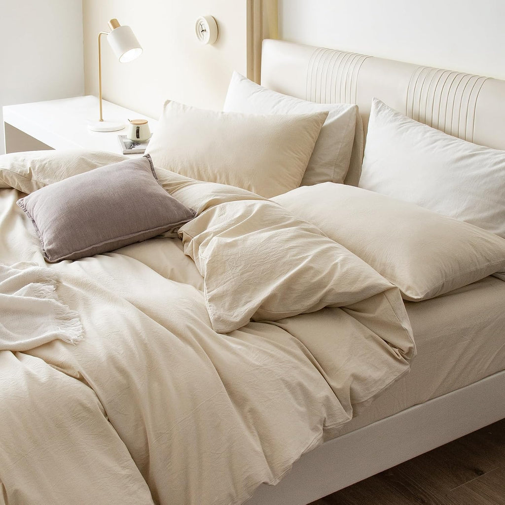 JIYUAN Super King Plus Duvet Cover Set, 3-Piece - 100% Washed Cotton, Linen-Like Soft & Breathable with Zipper Closure, Includes 120x120 Inch Cover & 2 Pillowcases, Heathered Beige