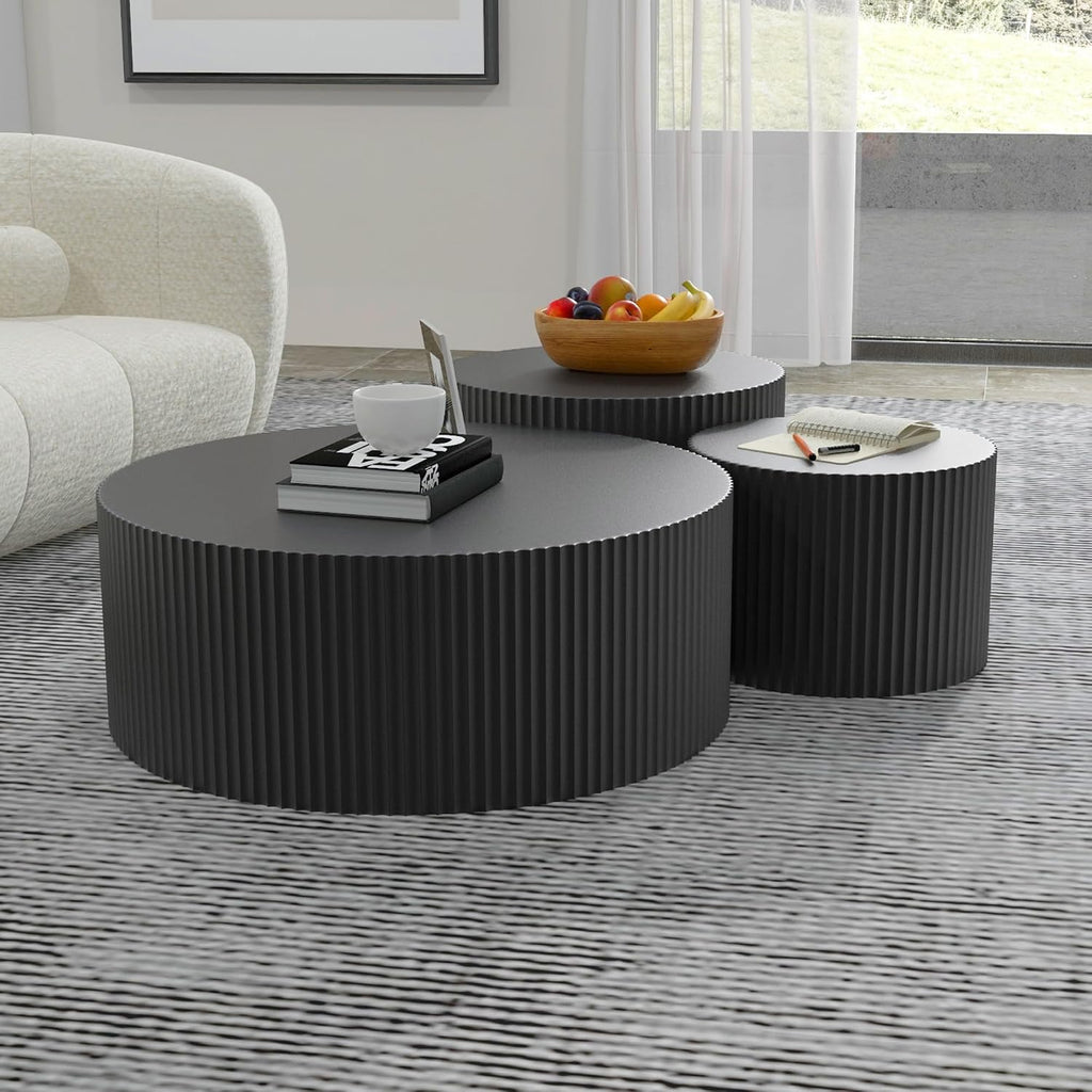 Black Round Coffee Table Set of 3 Modern Drum Circle Nesting Coffee Tables for Living Room, Contemporary Wood Fluted Embossed Side Table End Table, No Assembly, Black (3-Pcs)