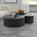 Black Round Coffee Table Set of 3 Modern Drum Circle Nesting Coffee Tables for Living Room, Contemporary Wood Fluted Embossed Side Table End Table, No Assembly, Black (3-Pcs)