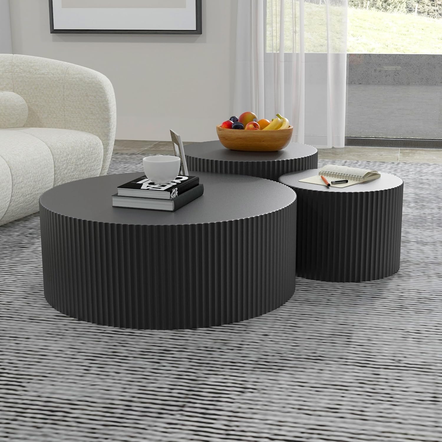 Black Round Coffee Table Set of 3 Modern Drum Circle Nesting Coffee Tables for Living Room, Contemporary Wood Fluted Embossed Side Table End Table, No Assembly, Black (3-Pcs)