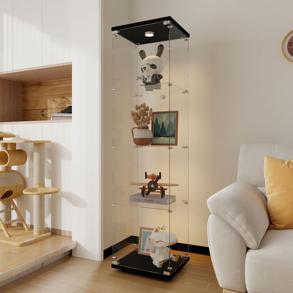 64.69' Tall Tempered Glass Display Cabinet with LED Lights, Curio Cabinet with 4 Shelves with 1 Door, Quick-Install Style Floor Standing Bookshelf File Cabinet for Living Room Office