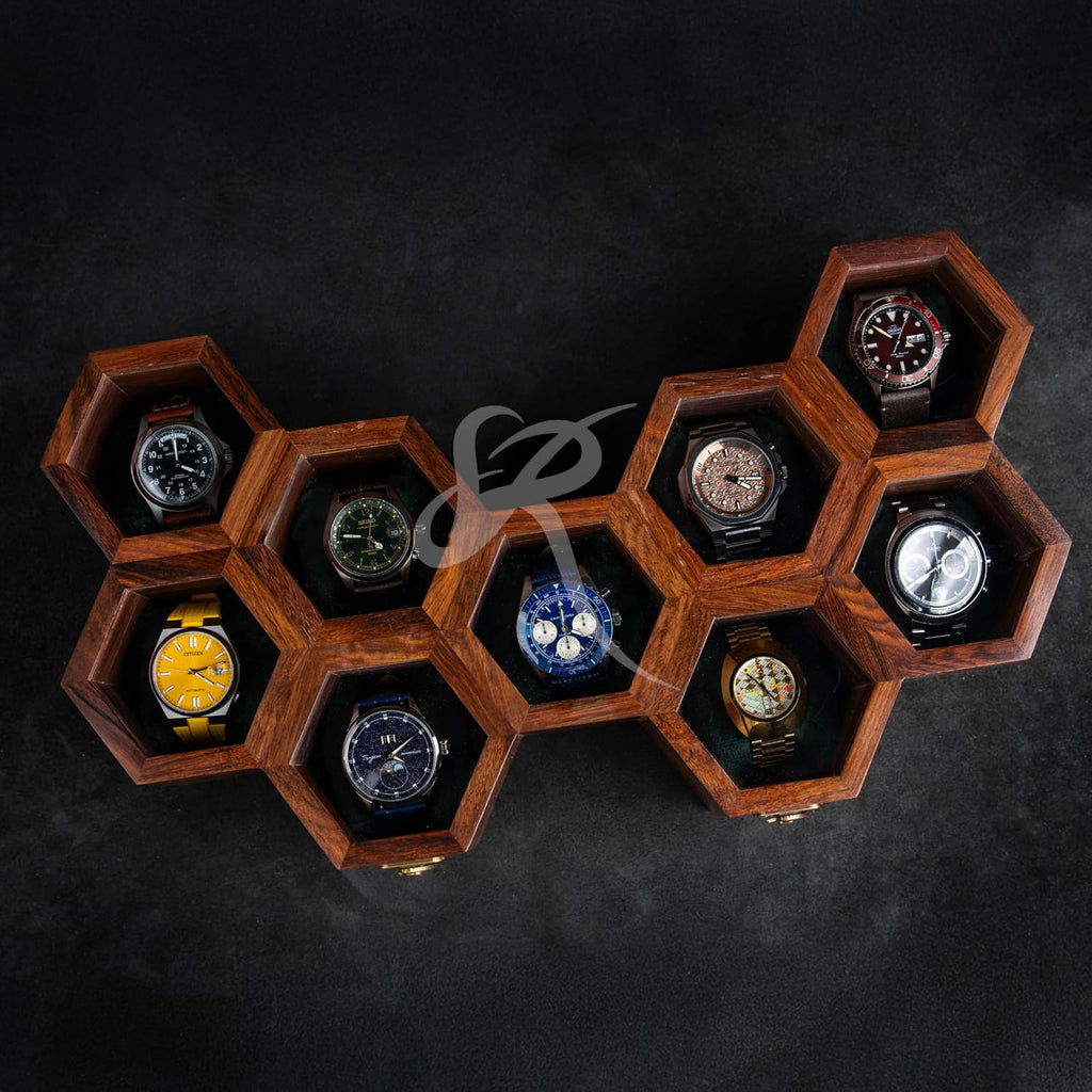 Wooden Watch Box Organizer for Men – 9 Slot Luxury Honeycomb Watch Case | Dark Rosewood Wood & Glass Display Box | Elegant Wooden Timepiece Display Case Boxes for Men – Luxury Gift for Him