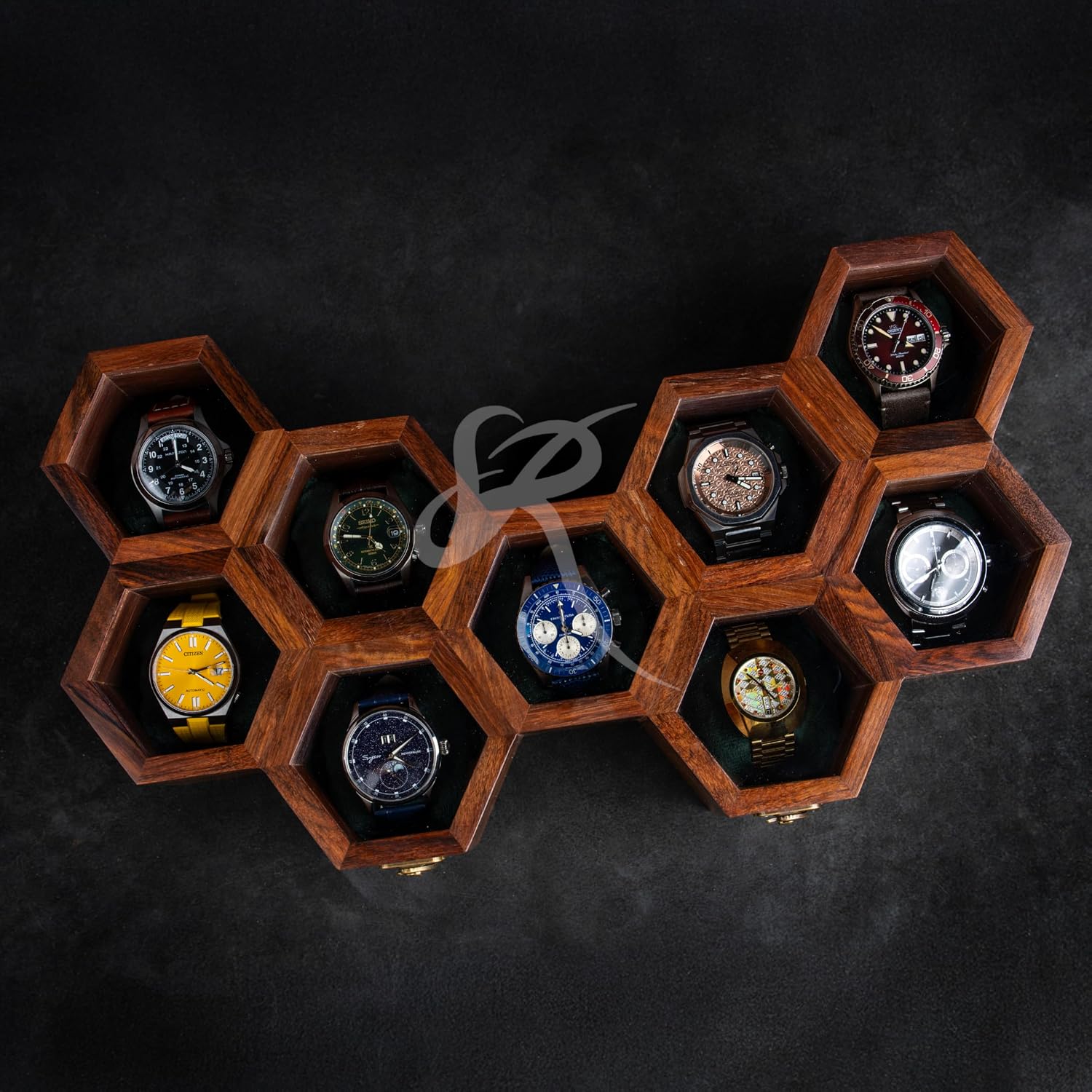 Wooden Watch Box Organizer for Men – 9 Slot Luxury Honeycomb Watch Case | Dark Rosewood Wood & Glass Display Box | Elegant Wooden Timepiece Display Case Boxes for Men – Luxury Gift for Him
