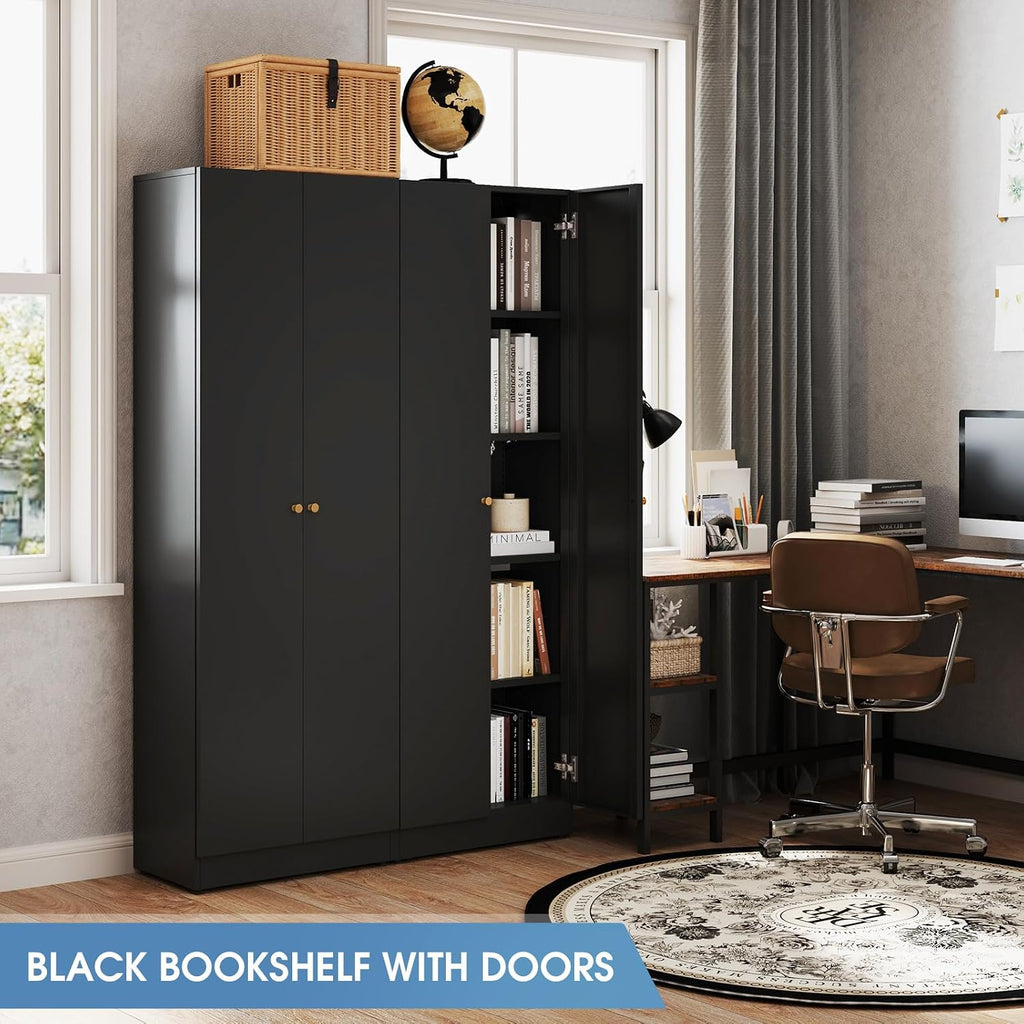 IRONMIX Metal Bookshelf with Doors, Tall Bookcase with Adjustable Shelves, 5-Tier Book Case Shelf Storage Organizer Storage Cabinet for Home Office Living Room