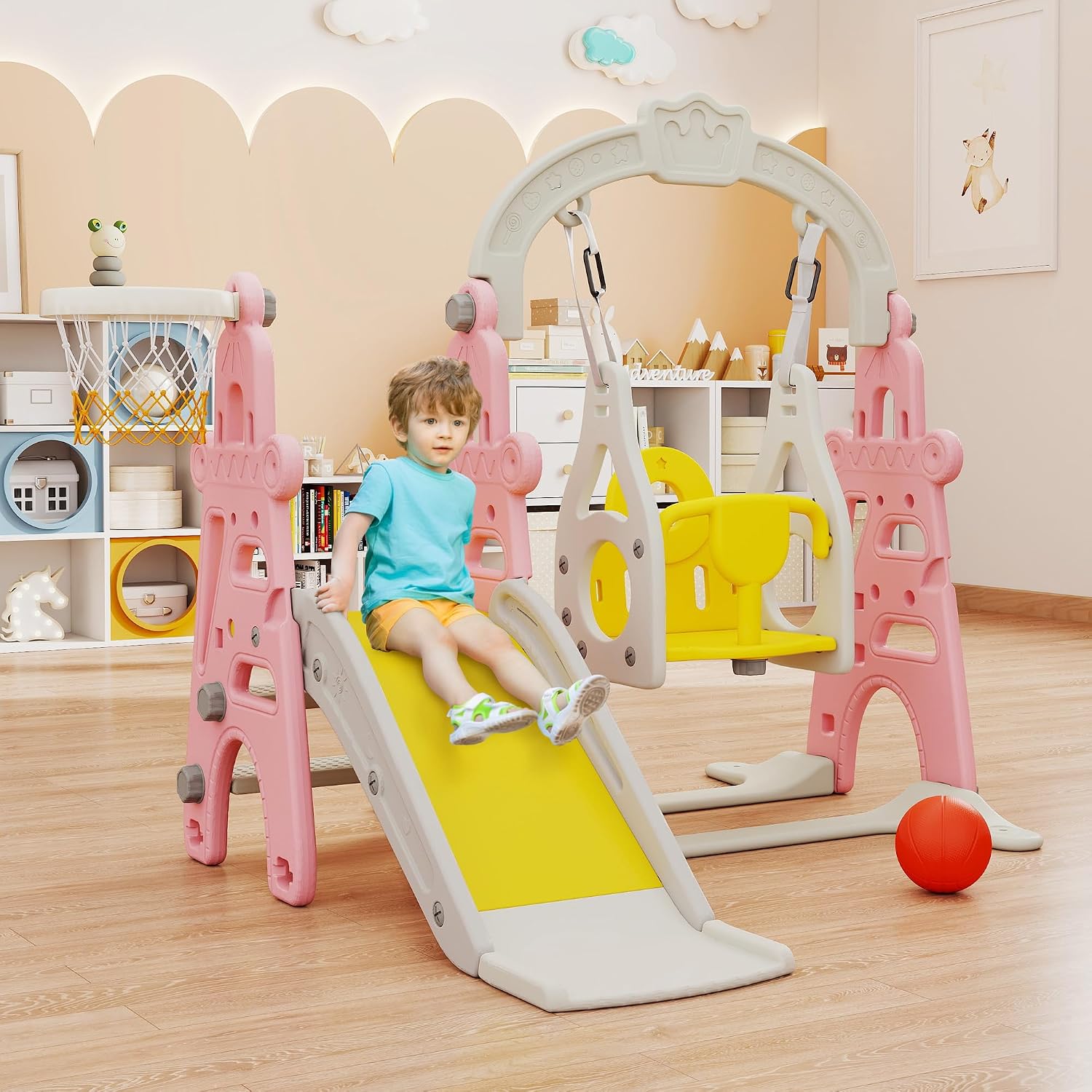 3-in-1 Kids Slide for Toddlers Slide and Swing Set,Indoor Playground for Children,Freestanding Outdoor Slides with Basketball Hoop,Outside Climber Playhouses,Baby Climbing Toys