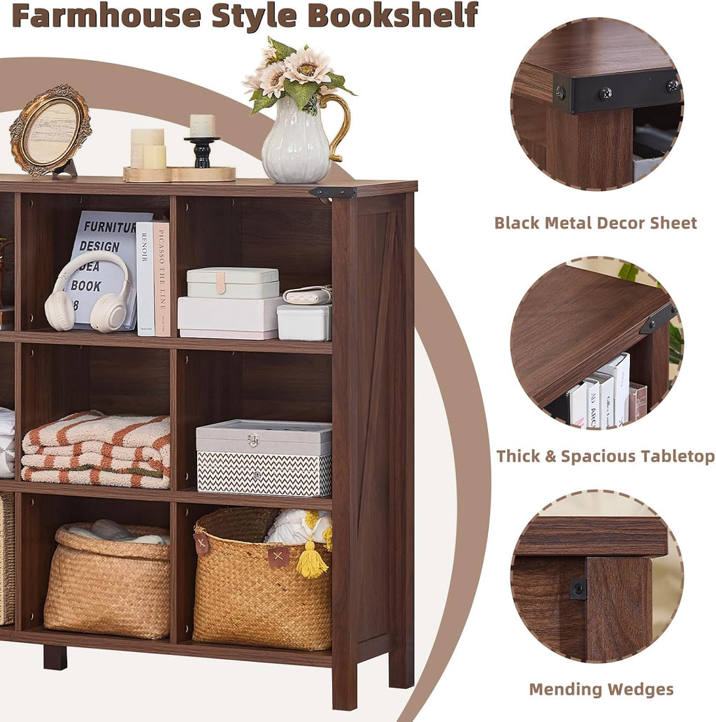 Joaxswe 12 Cube Storage Organizer, Farmhouse 62 Inch Wide Brown Walnut Display Bookshelf, Wooden 3 Tier Large Open Book Shelf, Vintage Bookcase for Home Office, Cubby Cabinet for Living Room, Office