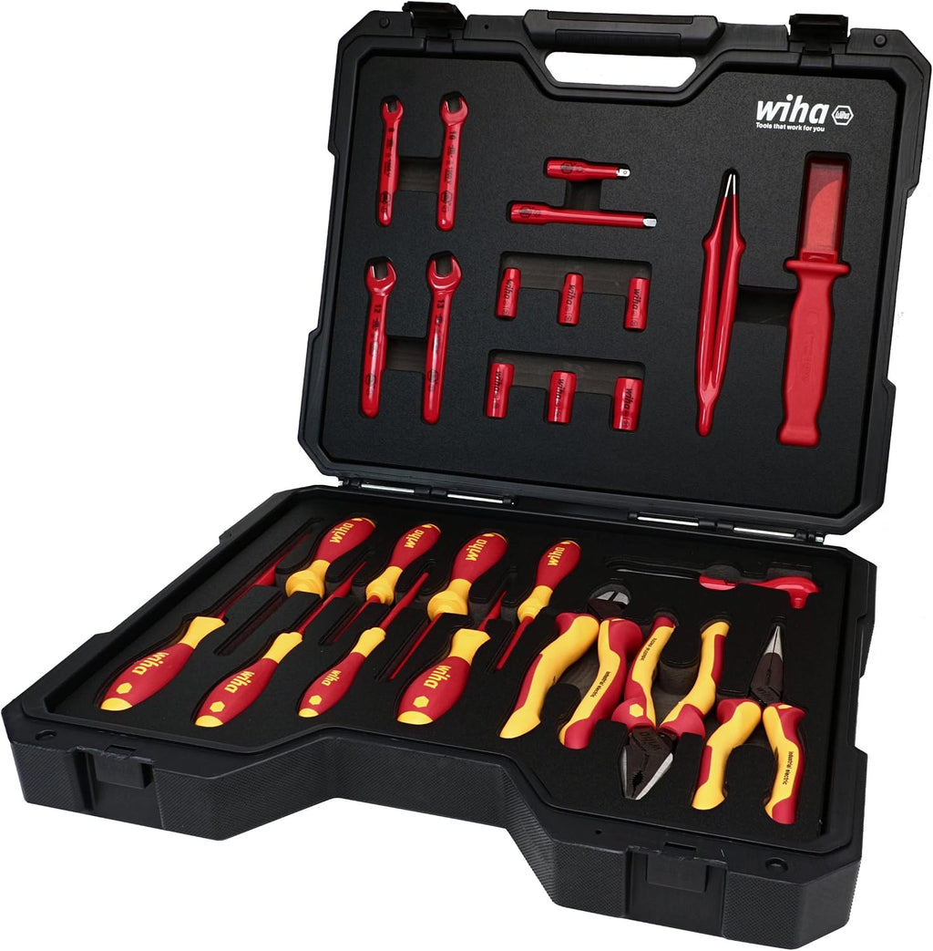 Wiha 91890 26-Piece Insulated EV & Hybrid Tool Set, 1000V VDE Rated, Sockets, Ratchets, Pliers, Screwdrivers