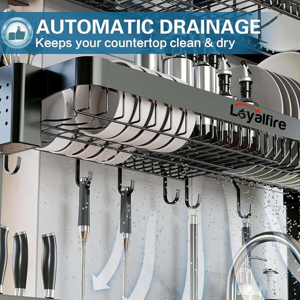 Loyalfire Over Sink Dish Drying Rack, 3 Tier Adjustable Length (20.87'' to 37.6'') Full Stainless Steel Large Storage Kitchen Dish Rack, Expandable Drainer Shelf Rack with Multifunctional Organizers