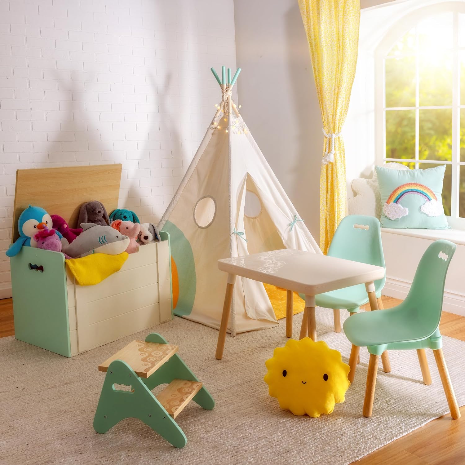 B. toys – Table and Chair Set – Furniture for Toddlers – 1 Craft Table & 2 Chairs – Natural Wooden Legs – Mint – 3+ Years