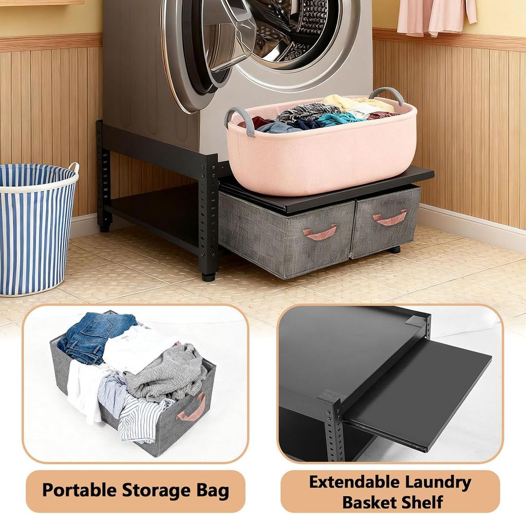 Washer and Dryer Pedestals, 28x28x16inch Universal Washing Machine Stand with Laundry Basket Shelf, Portable Storage Bag, Adjustable Feet and 4 Silicone Pads, 800LBS Capacity