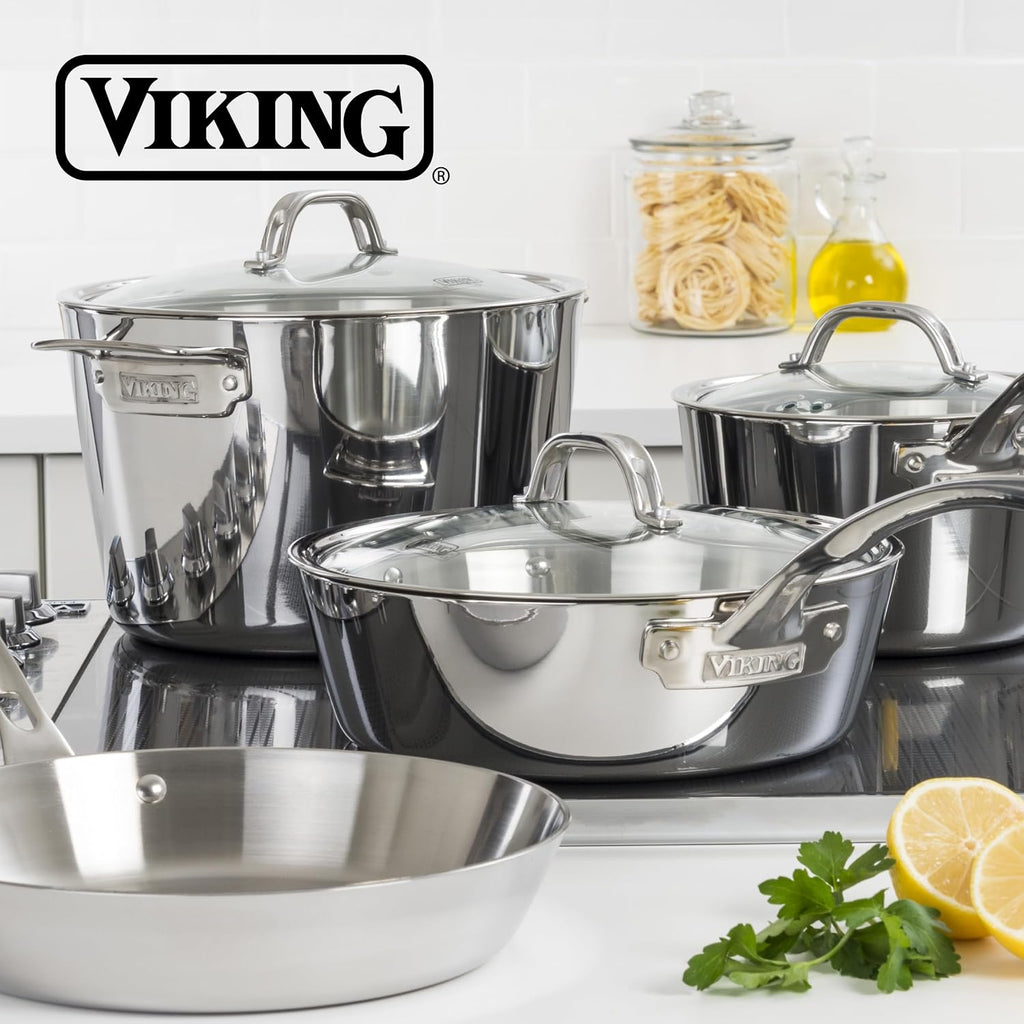 Viking 5-Ply Cookware Set, 5 Piece Stainless Steel Kitchen Pots and Pans, Oven Safe, Induction Ready, Silver