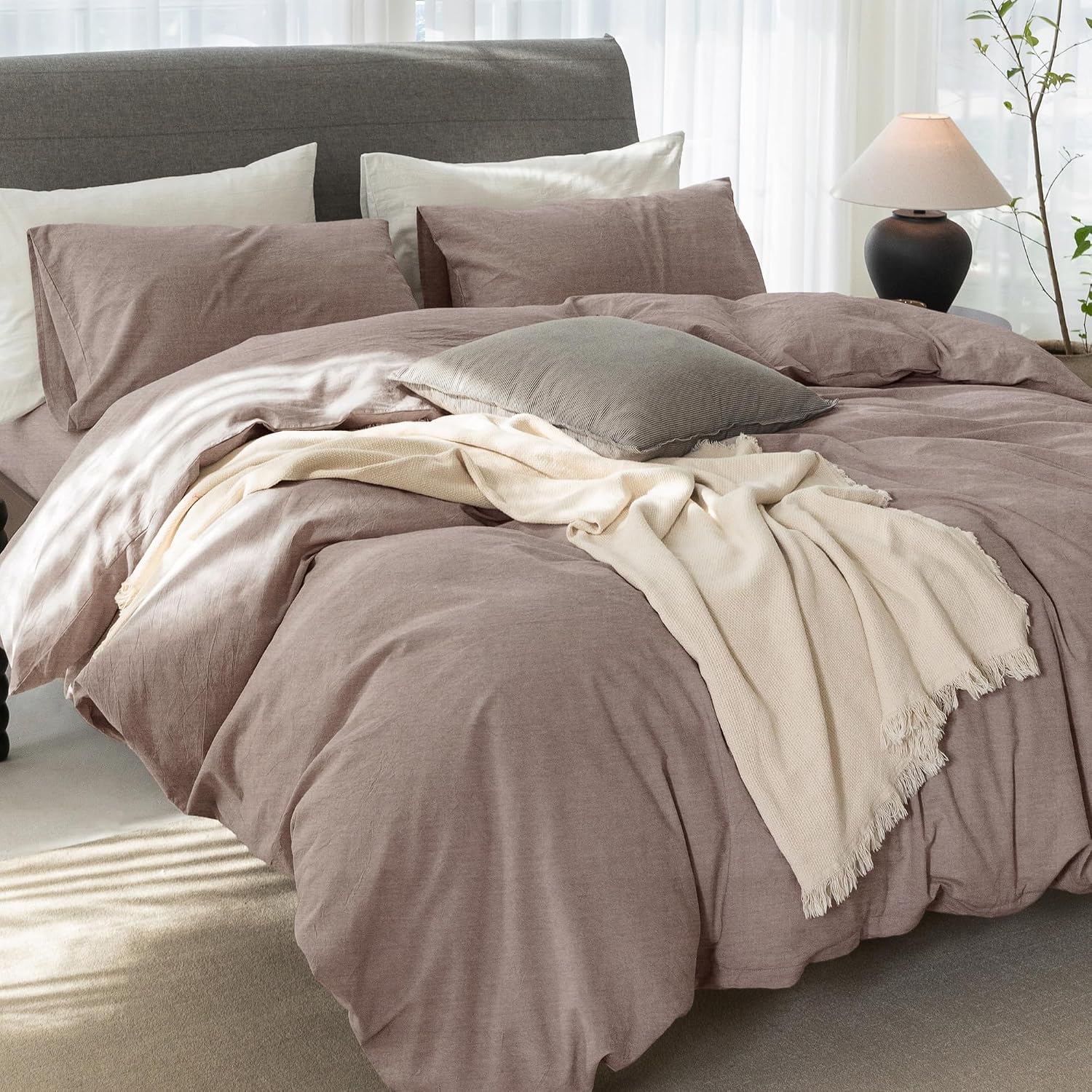 Super King Plus Cooling Duvet Cover Set - 3 Pieces 100% Cotton Bedding, Breathable, Crisp Linen-Like Texture, Naturally Soft & Gets Better，Hidden Zipper & Corner Ties – Mauve Brown, 120'x120'