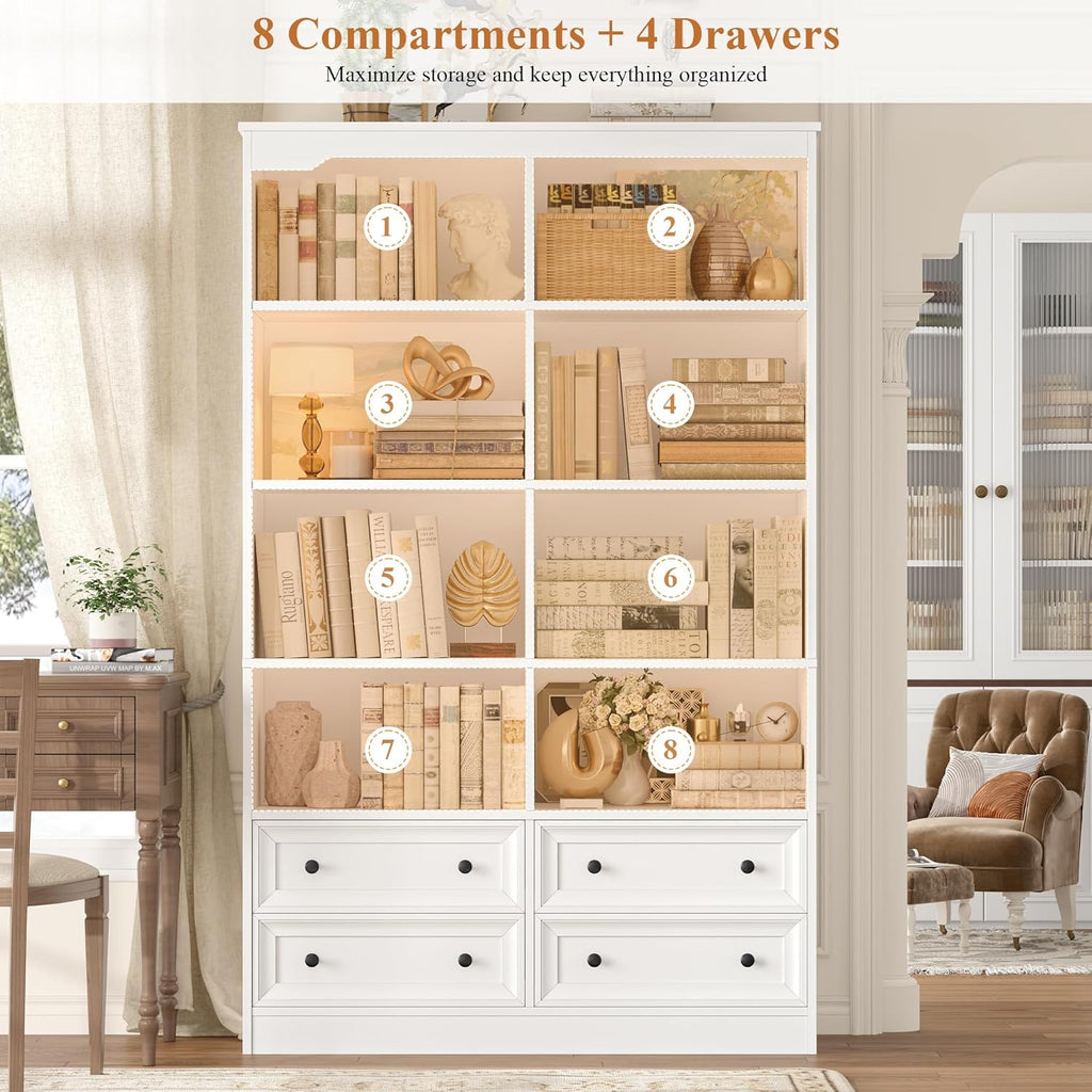 FINETONES 71' Tall Bookshelf with 4 Drawers, 6-Tier Double Wide Bookshelves and Bookcases with Storage, White Bookshelf Large Open Bookshelves Standing Book Cabinet for Home Office, White