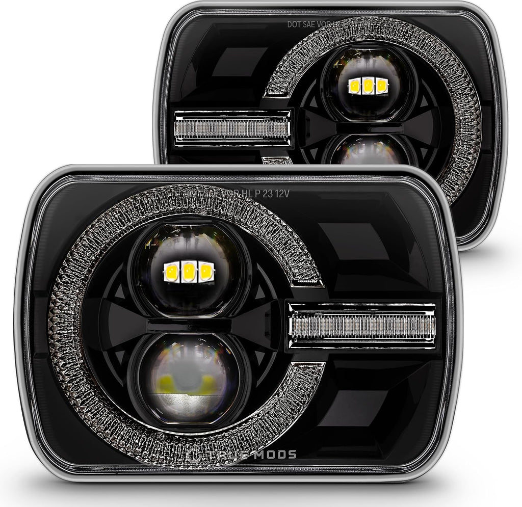 TRUE MODS 5x7 7x6 Inch H6054 Black LED HALO Headlights H4 Sealed Beam Replacement Lamp for Jeep Wrangler YJ Cherokee XJ [DOT Approved] Ford Econoline Chevy Express GMC Savana Dodge Van TOYOTA Pickup