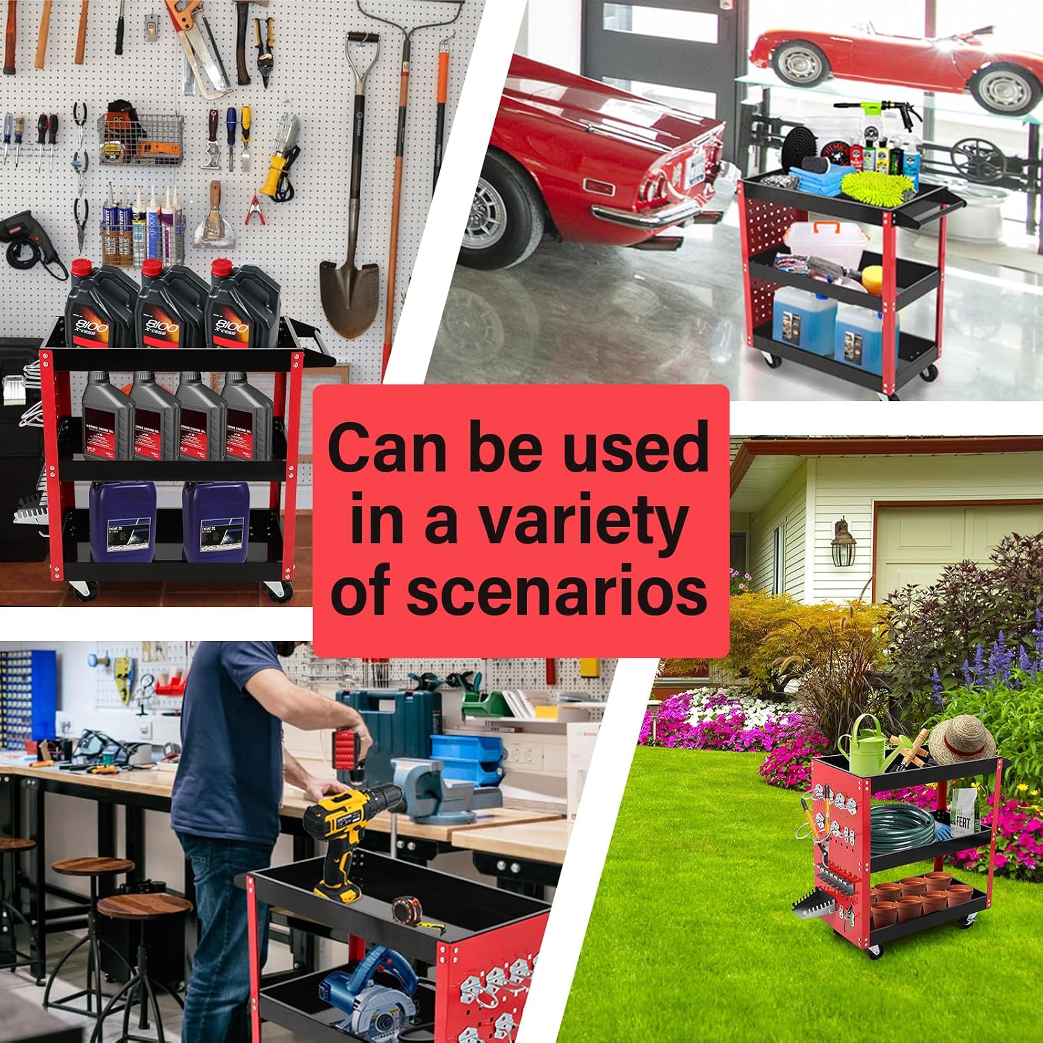 3 Tier Rolling Tool Cart, Mechanic Tool Cart on Wheels, for Garage, Warehouse, Workshop, Tool Room, Red & Black