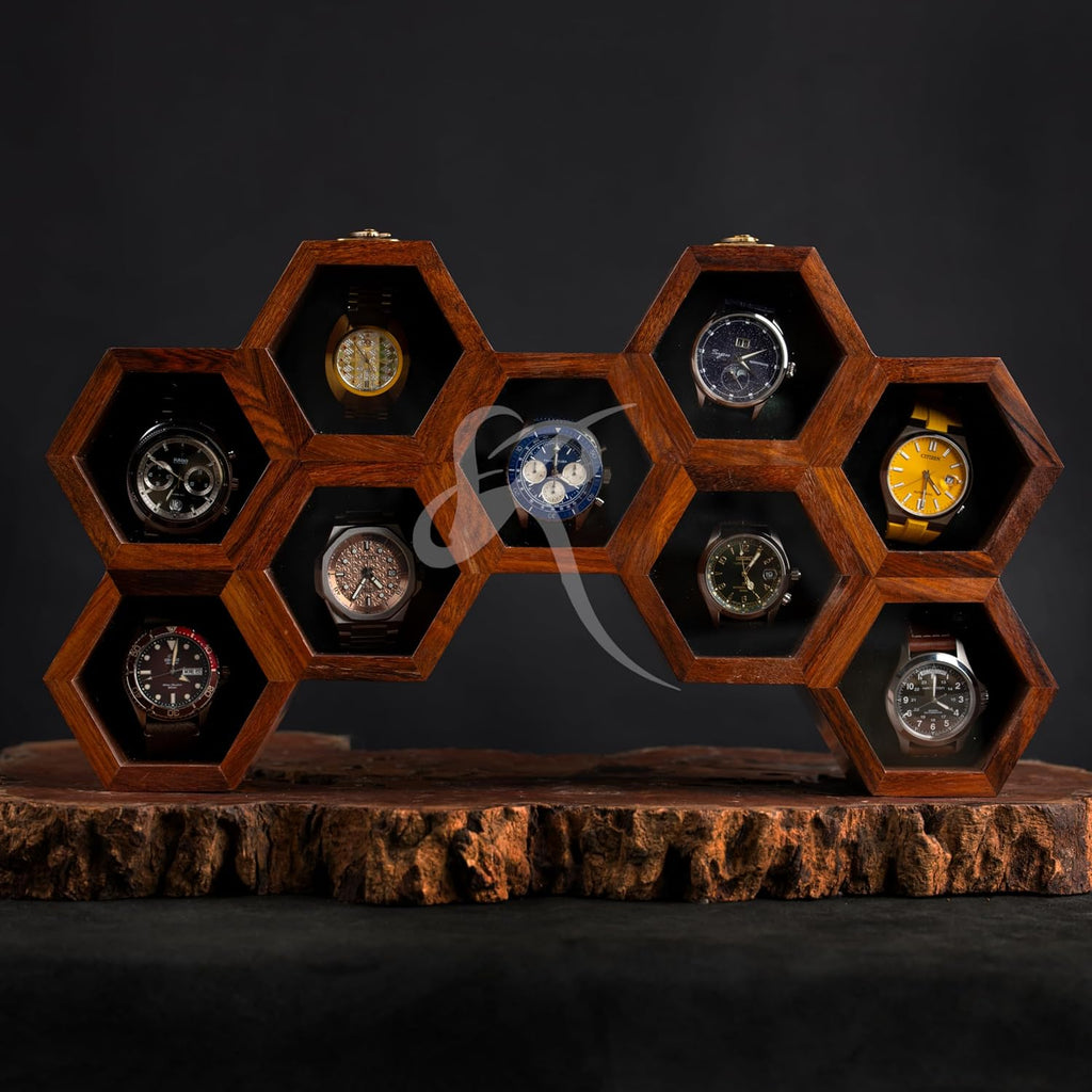 Wooden Watch Box Organizer for Men – 9 Slot Luxury Honeycomb Watch Case | Dark Rosewood Wood & Glass Display Box | Elegant Wooden Timepiece Display Case Boxes for Men – Luxury Gift for Him