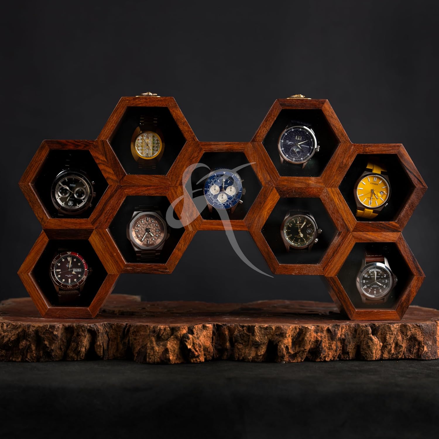 Wooden Watch Box Organizer for Men – 9 Slot Luxury Honeycomb Watch Case | Dark Rosewood Wood & Glass Display Box | Elegant Wooden Timepiece Display Case Boxes for Men – Luxury Gift for Him