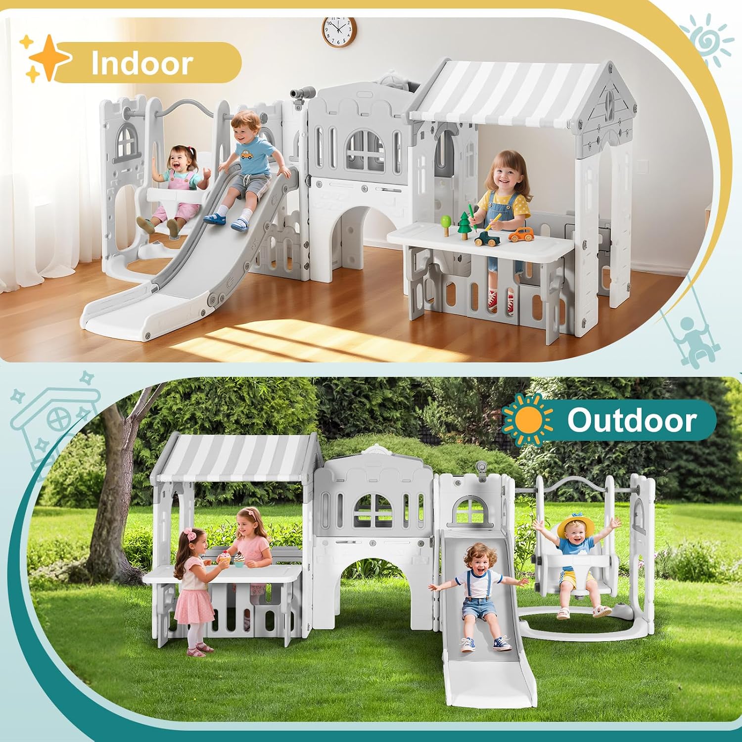 JOYLDIAS 10 in 1 Toddler Slide, Freestanding Kid Climber Slide Playset, Toddler Playhouse with Slide and Swing, Basketball Hoop, Telescope, Indoor Outdoor Backyard Playground Toy for Toddlers Age 1-3+