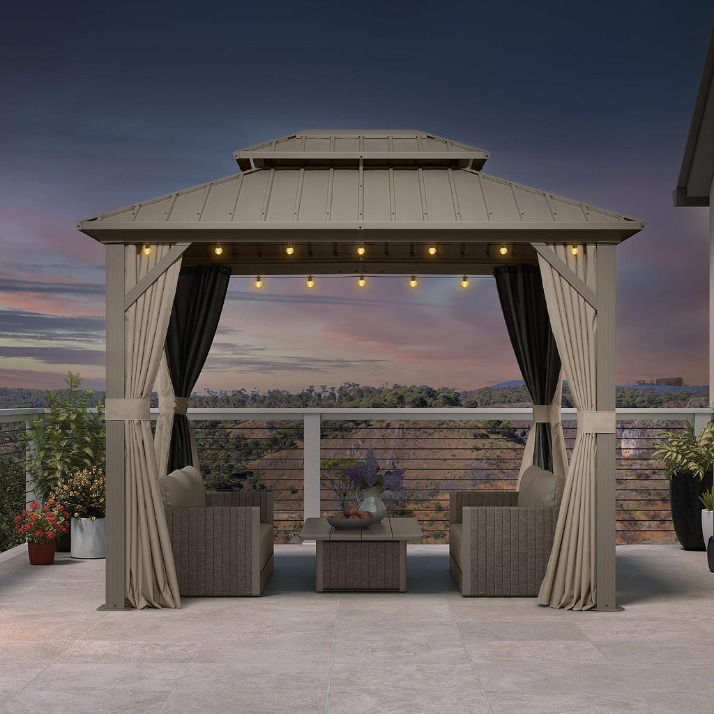 PURPLE LEAF 8' x 10' Outdoor Gazebo, Champagne Hardtop Metal Gazebo with Galvanized Steel Double Roof, Curtains and Netting for Patio Lawn and Garden