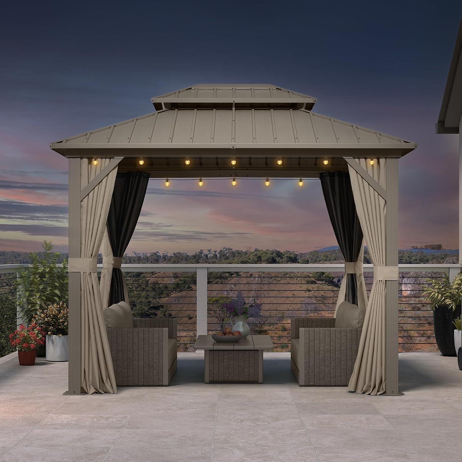 PURPLE LEAF 8' x 10' Outdoor Gazebo, Champagne Hardtop Metal Gazebo with Galvanized Steel Double Roof, Curtains and Netting for Patio Lawn and Garden